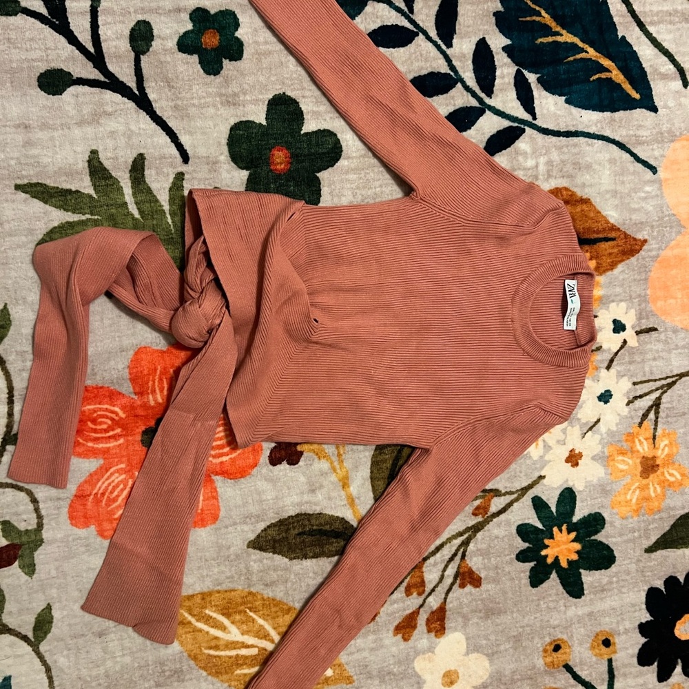 Like NEW Zara Rose Pink Long Sleeve Ribbed Waist Tie Top